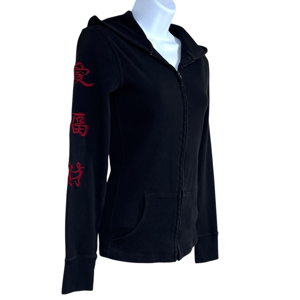 Vtg Lucky Brand Embroidered Roses Full Zip Hoodie Sz S Slim Fit Black Stretch - Picture 5 of 8